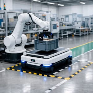 Robot loading AMR in a warehouse